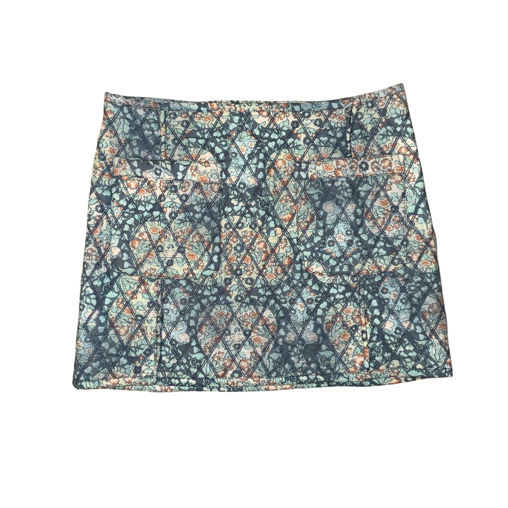 Free People Quilted Floral Mini‎ Skirt Women Size 10 Blue Orange Boho Pockets